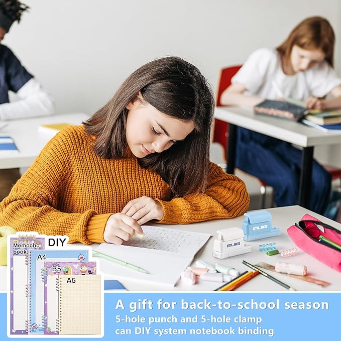 Mini 5-Hole Binding Machine - IMLIKE 5 Holes Binding Machine with 16 Loose-Leaf Binding Strips - Easy to Add or Remove Papers, 4 Sheets Capacity (A4/30 Holes, B5/26 Holes, A5/20 Holes) - Blue