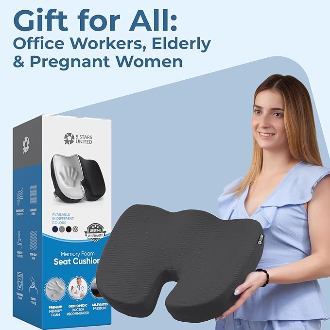 5 STARS UNITED Seat Cushion for Tailbone Pain Relief ā Memory Foam Lifting Pillow for Coccyx, Hip, Hemorrhoid, Sciatica & Post-Surgery Recovery ā Wheelchair, Car, Desk, Gaming & Office Chairs, D Gray