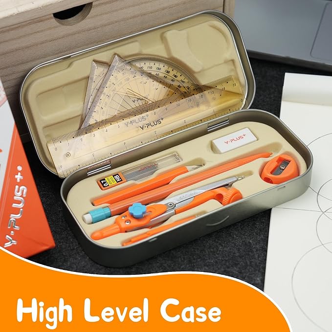 YPLUS Geometry Set for Students, Math Protractor Compass with Rulers Mechanical Pencil, Box of Protactors Kit for Class Supplies and School Kids Toddler - 12 Pcs, Back to School Supplies for Kids