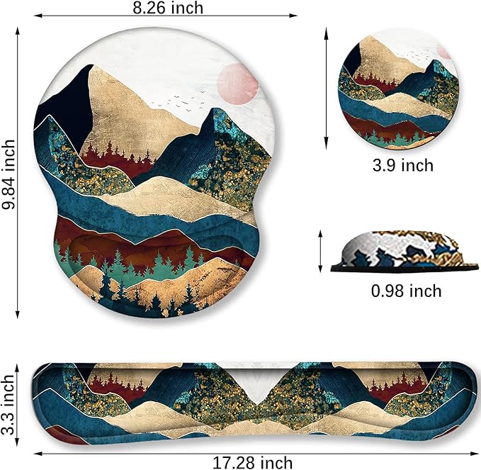 ArtSo Mouse Pad Keyboard Wrist Rest Support Ergonomic, Upgraded Cushion Mousepad Gel Memory Foam Non-Slip Rubber Base Pain Relief & Easy Typing for Home,Office, Colorful Mountain