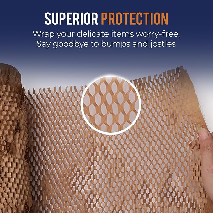 Honeycomb Packing Paper 12" x 150ft with Rope & 20 Fragile Stickers|Shipping & Moving Supplies|Small Business Packaging Supplies|Eco Friendly Bubble Wrap Packing Boxes for Moving Certified FSC C204227