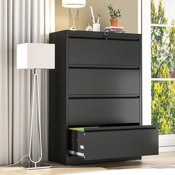 AQY 4 Drawer File Cabinets with Lock,Metal Lateral File Cabinets for Home Office,Steel Wide Filing Organization Storage Cabinets for Hanging Files Letter/Legal/F4/A4 Size Assembly Required(Black)