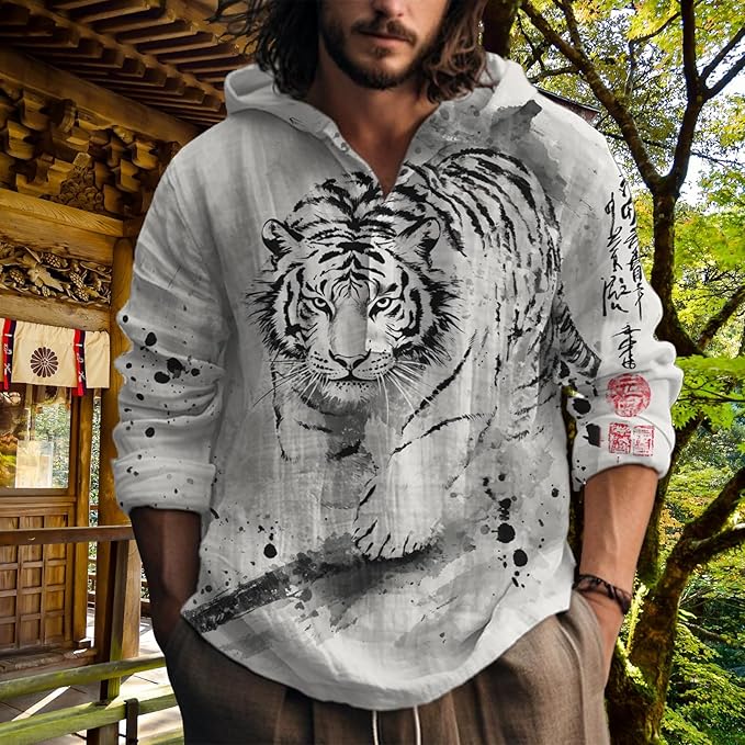 MARSVOVO Hooded Long Sleeve Shirt Men Fashion Graphic Button Up Lightweight Big and Tall Casual Vacation Shirts for Men