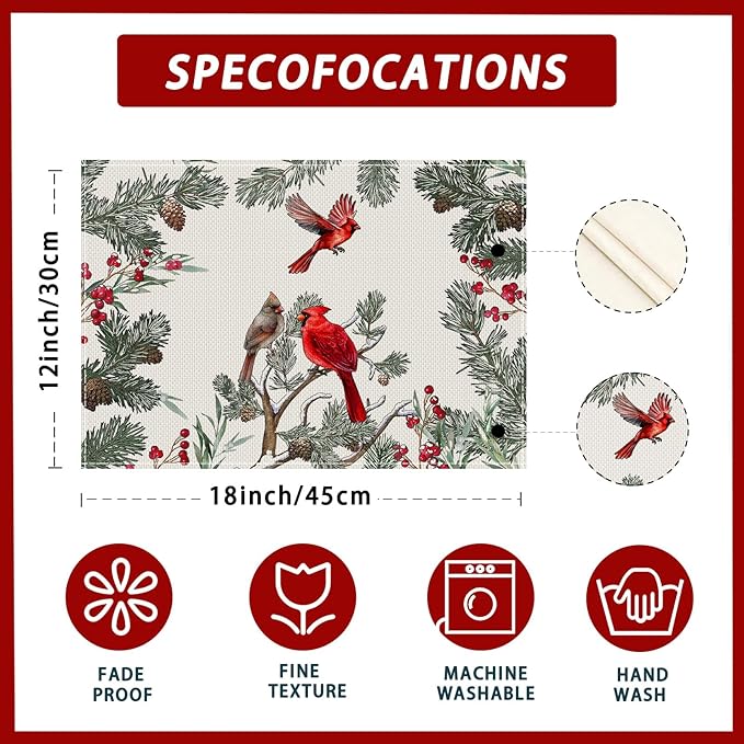 XCHI Cardinal Birds Winter Pine Tree Christmas Xmas Placemats Set of 6 Table Mats for Party Home Kitchen Dining Table Decorations 12x18 Inch