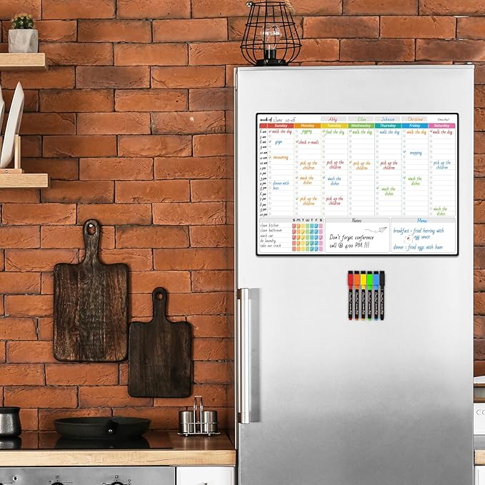 Magnetic Dry Erase Weekly Calendar for Fridge - Large 17"x12" Magnetic Weekly Planning Board with Hourly Time Slots - 6 Extra Fine Point Markers Included