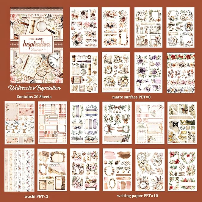 Snycler Plain Inspiration Theme Sticker Scrapbooking Supplies for Junk Journal, 20 Sheets PET Stickers - Vintage Journaling Stickers, Ephemera Sticker Book Pre Cut, Planner, Junk Journal Supplies