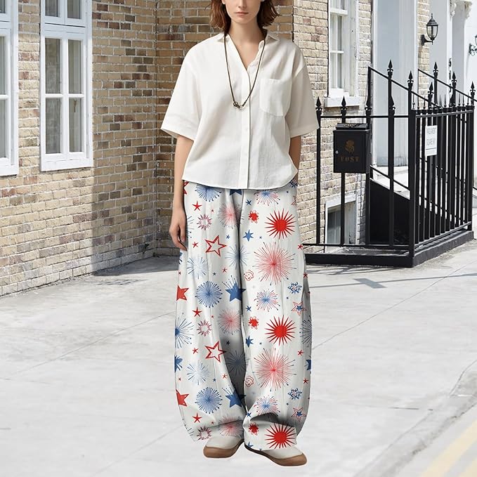 Zaswen Women's Oversize Loose Fit Breathable Pants Wide Leg Lounge Pants Fashion Casual Fireworks Print Trousers with Pockets