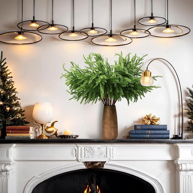 12Pcs Artificial Norfolk Pine Branches 24" Plastic Christmas Plants Decor Faux Greenery Stems Pine Picks Outdoor Faux Plants UV Resistant for Xmas Indoor, Front Porch Home Décor (12, 24inch)