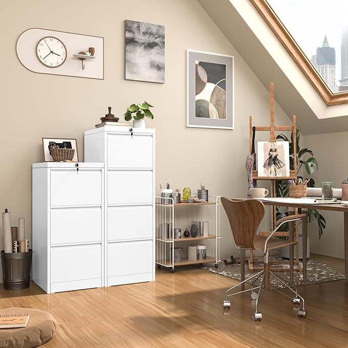 INTERGREAT 3 Drawer File Cabinet, White Metal Filing Cabinet with Lock, Locking Tall File Cabinets with 4 Adjustable Hanging Frame for Home Office