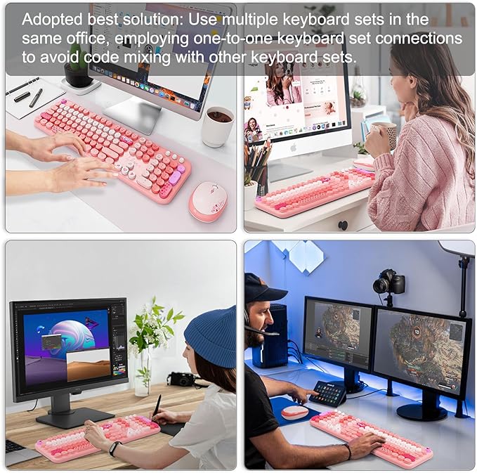 Wireless Keyboard and Mouse Combo, 104 Round Keys Full-Size Cute Colorful Pink Cordless Keyboard and Mouse with Retro Typewriter for PC/Mac/Laptop/Tablet/Computer/Windows Pink
