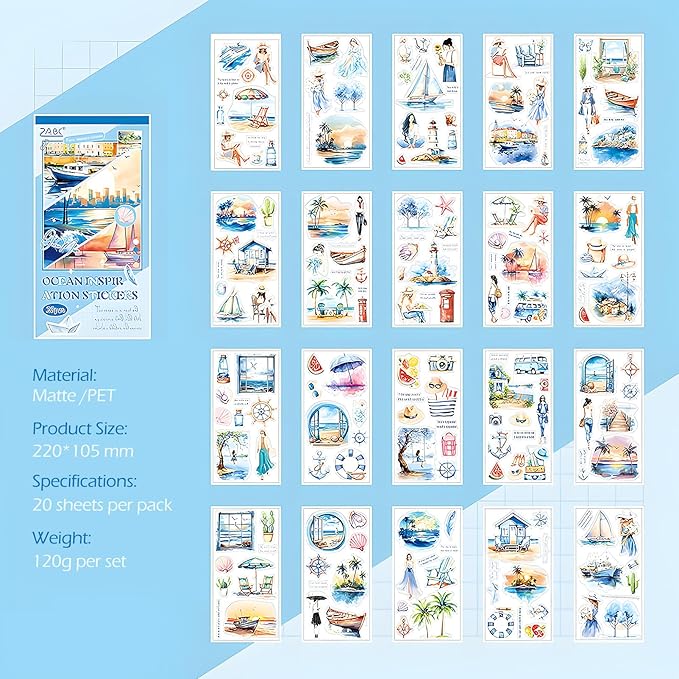Snycler Blue Ocean Series Sticker Book - 20 Sheets Vintage PET Stickers for Scrapbooking, Junk Journaling, Ephemera, and Decorative Crafts - Pre-Cut Nautical Design Stickers