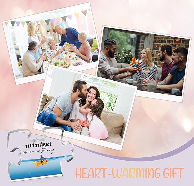 Inspirational Gifts for Friends Coworker, Engraved Acrylic Block Heart Puzzle with Gift Box, Mindset is Everything, 3.9 x 3.3 Inch Engraved Acrylic Office Desk Sign - PT26