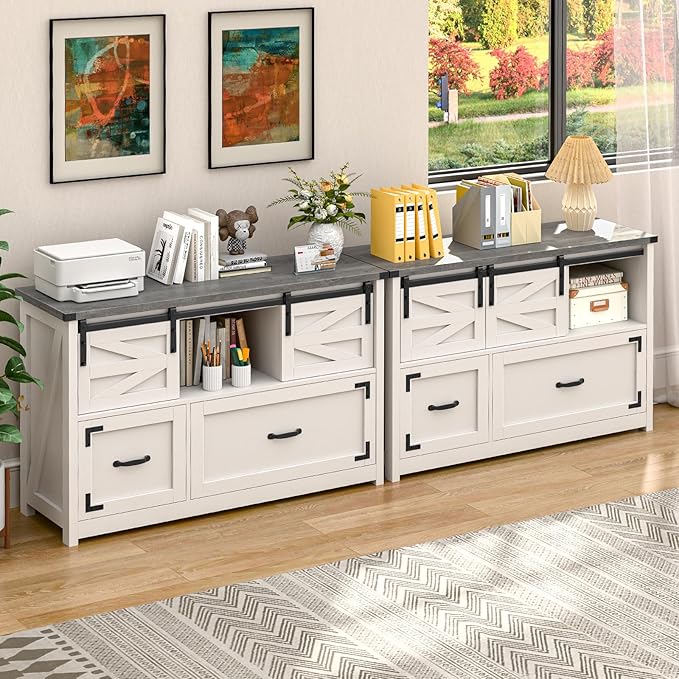 Lateral File Cabinets 2 Drawer with Sliding Barn Doors, Farmhouse Filing Cabinet with 2 Drawer for Home Office,Filing Organization Storage Cabinets for Hanging Files Letter/Legal/F4/A4.(Dark Grey.)