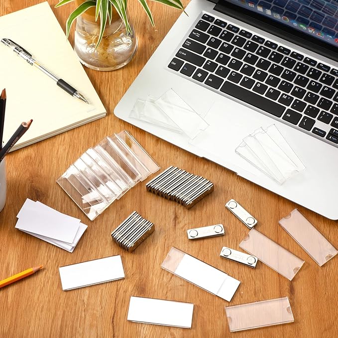 50 Pieces Magnetic Name Tags Kit Acrylic Name Badge Holders Clear Label Holders with Blank Printable Paper Inserts Magnets Custom Identity for Office