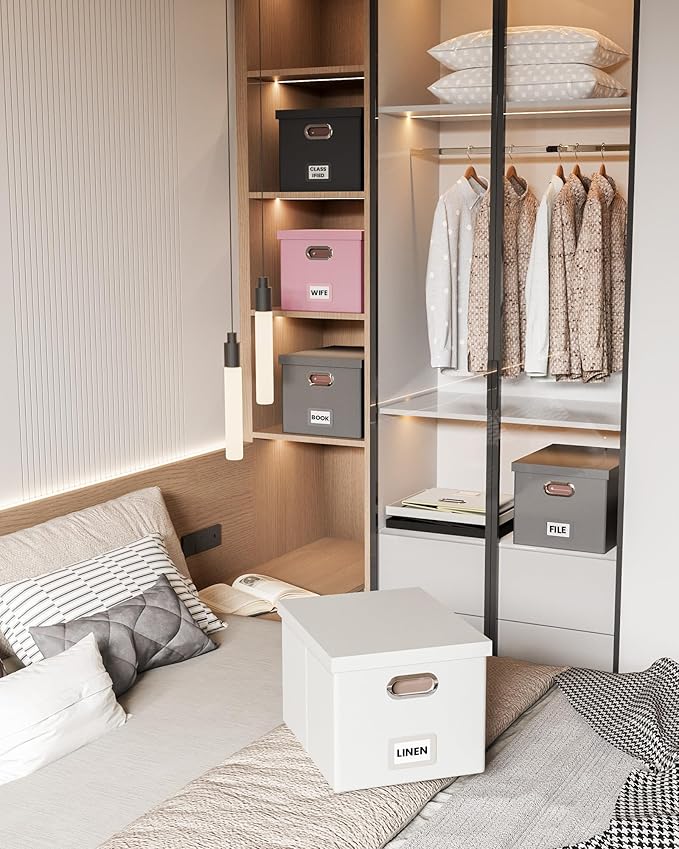 2 Pack File Storage Organizer Box, Portable Filing With Lid, Fit for Letter/Legal Folder Storage, Black (Leather)