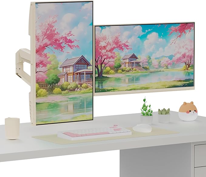 Pixio PS1D Wave Beige Dual Monitor Arm Stand Desk Mount - Fits up to 32 inches Monitors and up to 19.8lbs. VESA Compatibility and Integrated Cable Management