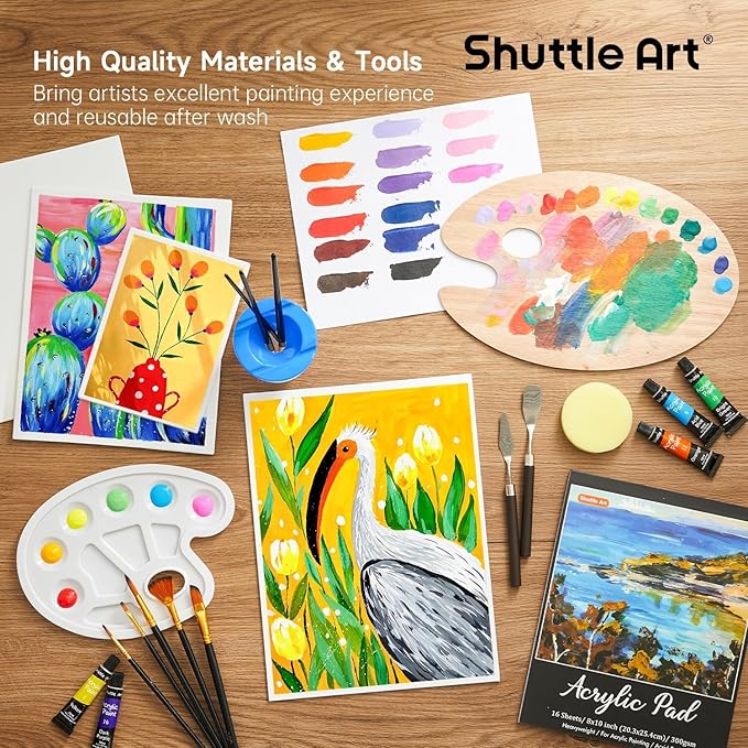 65 Pack Acrylic Paint Set, Shuttle Art Acrylic Painting Set with Wooden Easel, 30 Colors Acrylic Paint, Painting Canvas, Paint Brushes, Palettes, Art Painting Supplies for Kids Adults Beginner Artists