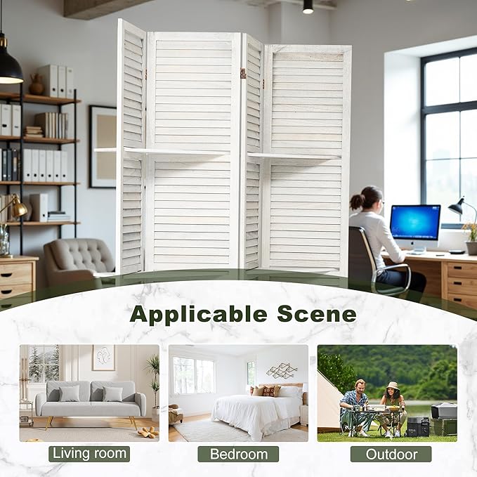 NicBex 4 Panel Room Divider 5.6FT Louvered Design Room Dividers with Display Storage Shelves Folding Privacy Screens Portable Freestanding Partition Wall Dividers for Home Bedroom Office, White