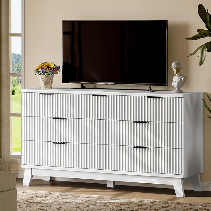 Fluted Dresser with 7 Drawers, 58" Wide Modern Chest of Drawers with Metal Handle, Wooden Dresser TV Stand, Wood Closet Clothes Storage Organizer for Bedroom, Living Room, Hallway, Solid White