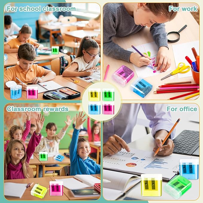 100 Piece Pencil Sharpeners Bulk, Manual Dual Holes Pencil Sharpeners for Kids, 4 Colorful Handheld Sharpeners with Lid Portable Compact for School Supplies Classroom Office Students Home