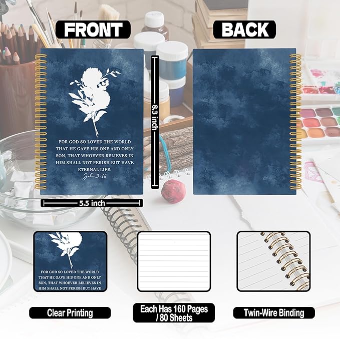 XPH Blue Christian Spiral Notebook, John 3:16 Bible Verse Journaling Notebooks for Women, Floral Religious Hardcover Journals for Writing 160 Pages 5.5 x 8.3 Inch, Christian Gifts for Women