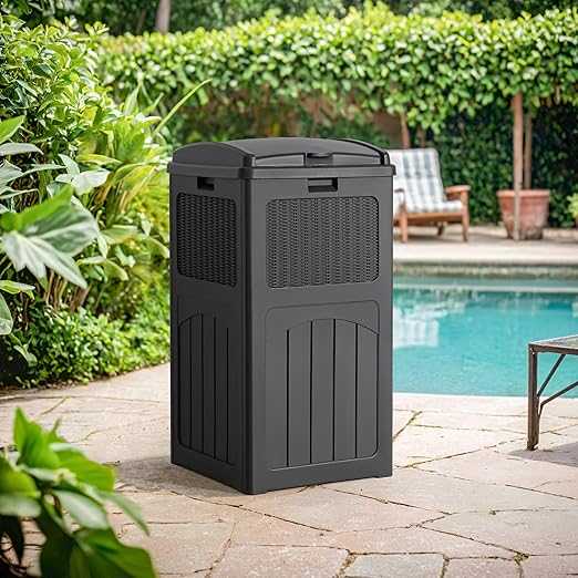 Flamaker 30 Gallon Trash Can, Resin Outdoor Garbage Can with Lid, Waterproof Hideaway Patio Waste Bins for Outside Use (Gray)