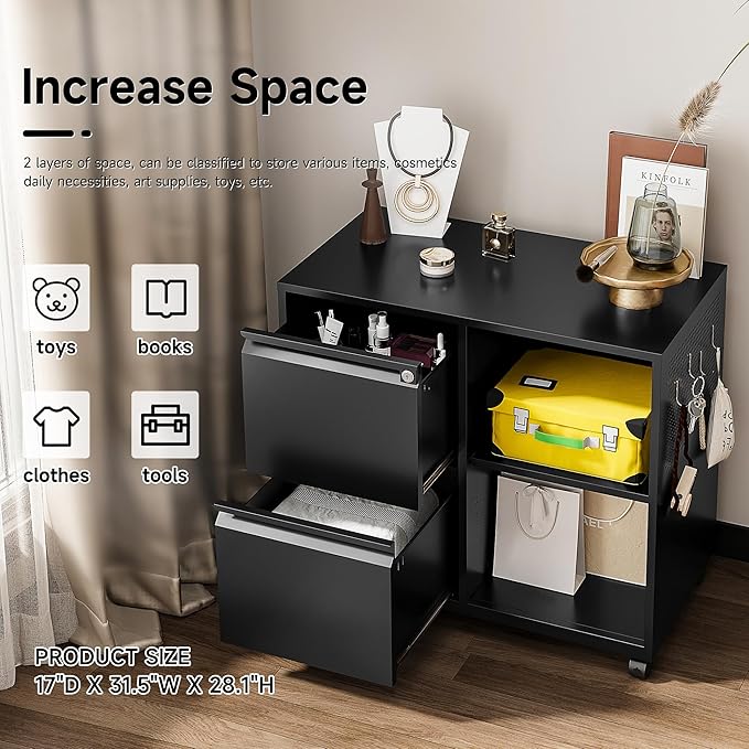 SISESOL 2 Drawer File Cabinet with Lock and Shelf,Mobile Lateral Filing Cabinet,Metal Filing Cabinets with Open Storage Shelves Organizer for Home Office Fit Legal/Letter A4 Size (Black)