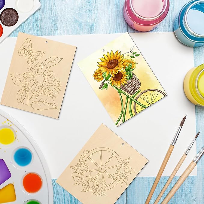 COCHIE 10 Pieces Large Sunflowers Unfinished Wood Crafts to Paint for Adults and Kids, Bulk Predrilled Wooden Ornaments for Painting, Summer Sunflower Paintable Wood Slices Craft Supplies with Ropes