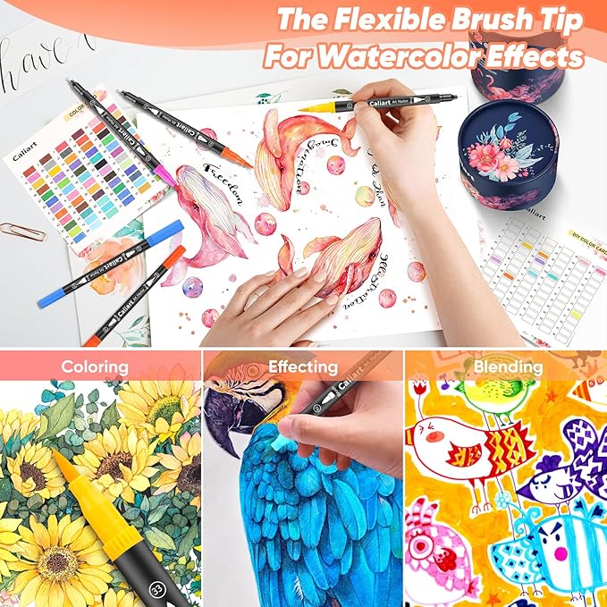 Caliart 72 Colors Dual Tip Art Markers for Adult Coloring - Aesthetic Cute Preppy Stuff School Supplies, Pens With Fine and Brush Tips for Lettering Cards Drawing Kids Artist Mothers Day Gift for Mom