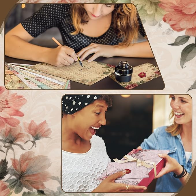TaoBary 160 Pcs Stationery Paper Set 50 Double Sided Stationery Papers with 50 Matching Envelopes and 60 Round Dot Sticker, 10 Design(Vintage Floral,5.5 x 8.25 Inch)
