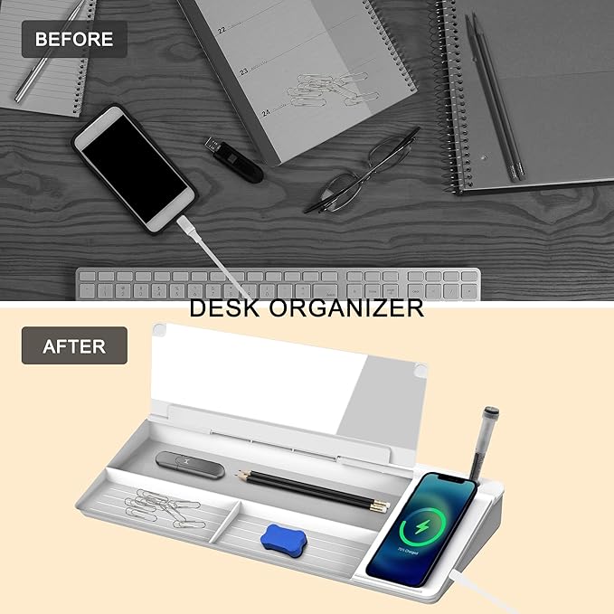 SELEAD Desktop Glass Whiteboard with Wireless Charger Station & Built-in Mirror, Dry Erase Board Computer Pad Keyboard Stand with Organizer for Home, School, Office Desk Accessories, White