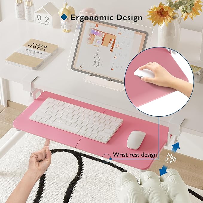 BONTEC KMT01 Under Desk Keyboard Tray, Pull-Out Keyboard & Mouse Platform with C-Clamp, 25.6 x 11.8 in Space-Saving Ergonomic Slide-Out Drawer, Pink