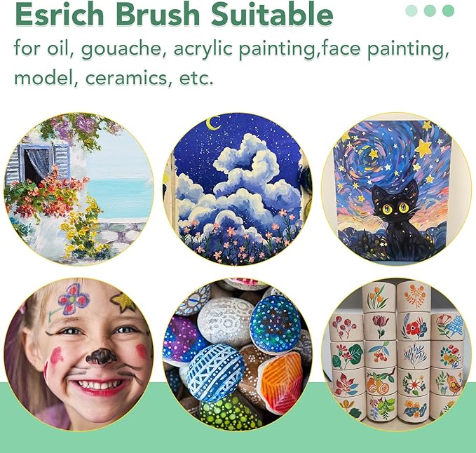 ESRICH Paint Brushes Set,24 Packs 240 Pcs Acrylic Paint Brush Set,Acrylic Oil Watercolor, Face Nail Art, Miniature Detailing,Rock Painting,Painting Artist Professional Kits(Green)