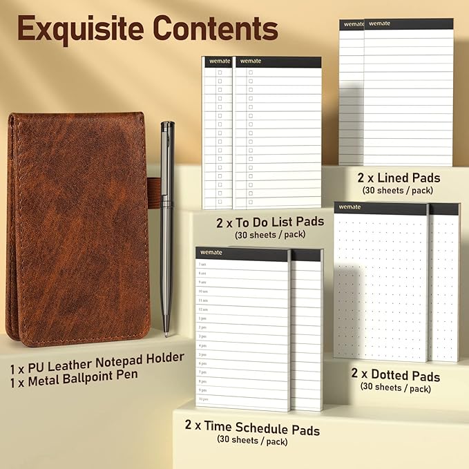 WEMATE 10 Pieces Notepad Holder Set Pocket Notebook - Included Mini Pocket Notepad Holder Set with 8 Memo Book Refills and Metal Pen for Meetings, Daily Records, and Notes 3 x 5 Inch (Brown)