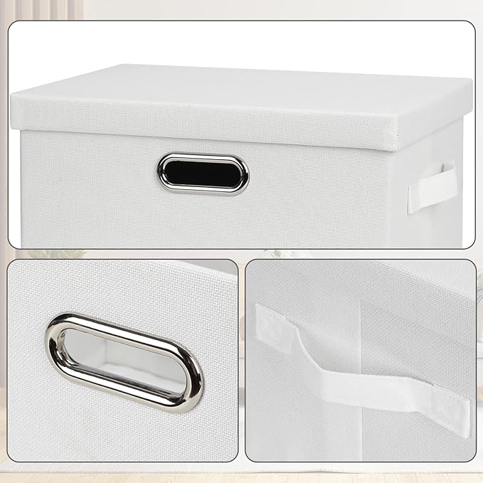 Medium 15" 21 Quart Collapsible Stackable Storage Bins with Lids, 5 Packs White Foldable Fabric Closet Storage Boxes with Lids, Lidded Heavy-duty Linen Baskets(15x11x8)