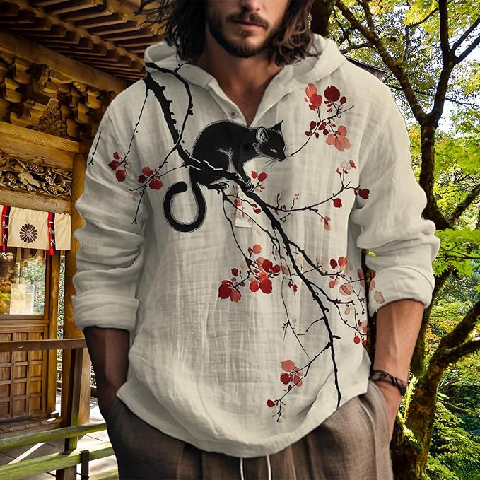 MARSVOVO Hooded Long Sleeve Shirt Men Fashion Graphic Button Up Lightweight Big and Tall Casual Vacation Shirts for Men