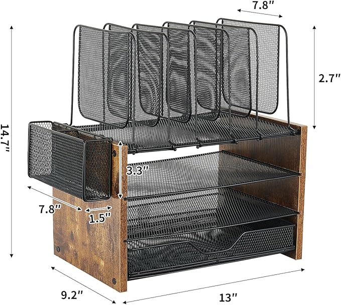 Wood Desk Organizers and Accessories, 4-Tier Workspace Desktop Paper Organizer with Drawer, 5 Vertical File Holders and Pen Holder for Office Supplies