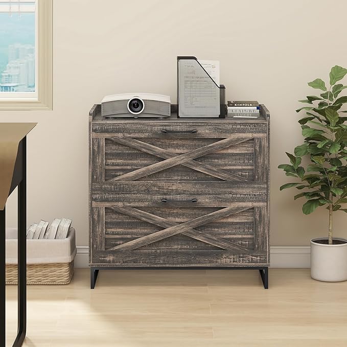 File Cabinet 2 Drawers Lateral File Cabinet with Charging Station for Letter/Legal/A4 Size Hanging Files, Large Wood File Storage Cabinets Printer Stand for Home Office, Dark Rustic Oak