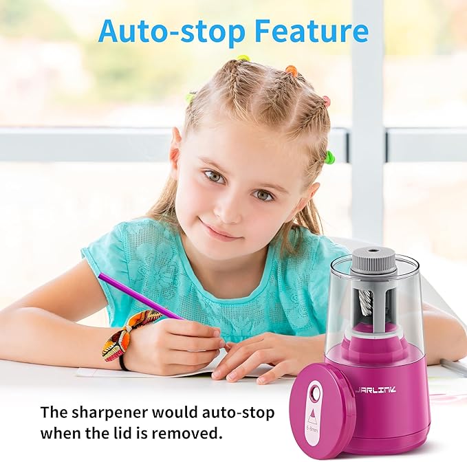 JARLINK Electric Pencil Sharpener, Heavy-Duty Helical Blade to Fast Sharpen, Auto Stop for No.2/Colored Pencils(6-8mm), AC Adapter/Battery Operated in School Classroom/Office/Home (Purple)