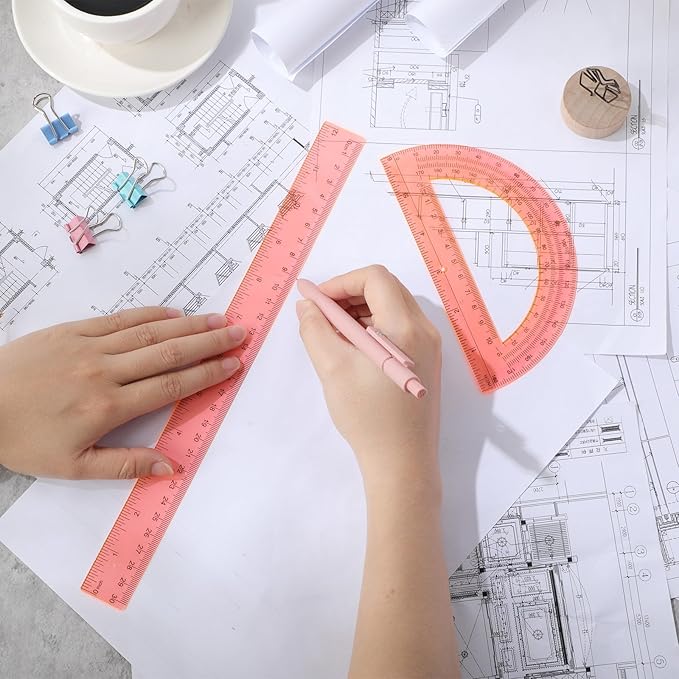 Zonon 2 Pack 12'' Plastic Ruler and 6'' Plastic Protractor Set Clear Ruler Protractor Set Math Geometry Supplies for School Classroom Home Office Drawing(Orange)