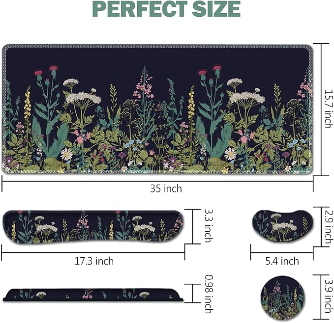 AIMSA Large Gaming Mouse Pad Set, Keyboard Wrist Rest Support + Extended Mouse Pad + Mouse Wrist Cushion + Coaster, Ergonomic Multifunctional Desk Mat 35x15.7in Anti-Slip Rubber Base (Flowers Plants)