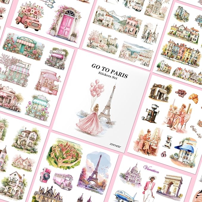 Paris Journaling Sticker Set, 18 Sheets PET Junk Journal Stickers, Pink French Theme Scrapbook Supplies, Transparent Watercolor Scrapbooking Materials, People Women Arts Craft