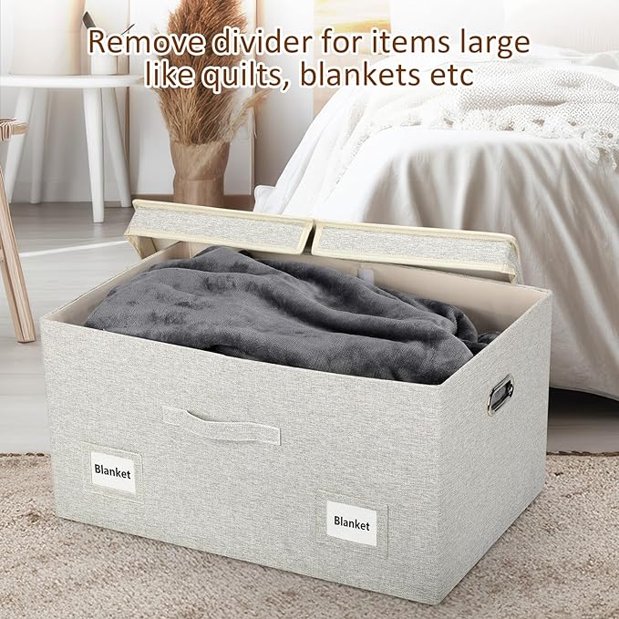 75 Quarts Extra Large Decorative Storage Bins with Lids, 3 Packs Beige Collapsible Storage Bins with Lids, Stackable Storage Bins Decorative Box Storage With Lid Extra Large