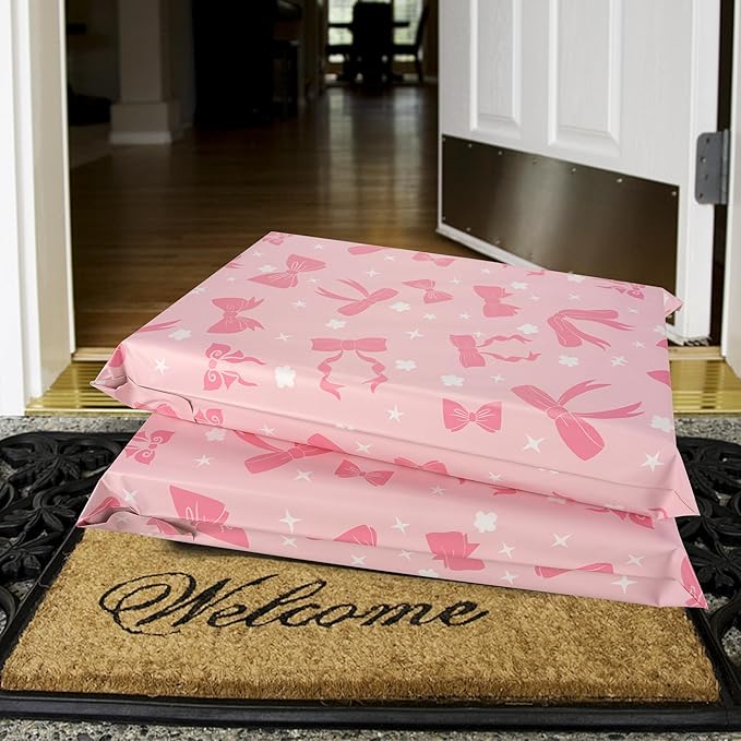 Poly Mailers 10x13 Inch 25 Pcs - Pink Bow printed Shipping Bags, 2.4mil Thickness, Waterproof and Tear Resistant Mailing Envelopes, Self-Sealing Packaging Bags for Small Business
