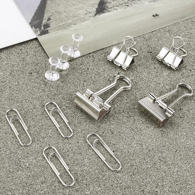 Silver Binder Clips and Paper Clips Push Pins Tacks Sets, Total 72 PCS Assorted Sizes Office Supplies Set for Women, Student, School, Home & Desk Supplies