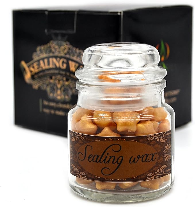 TELOSMA 100 Stars Shape Sealing Wax Beads - Big Wax Seal Beads in Glass Jar, Making Wax Seals for Wedding or Event Party Invitation, Thanks Card Envelope, Gift Wrapping - Glitter Yellow