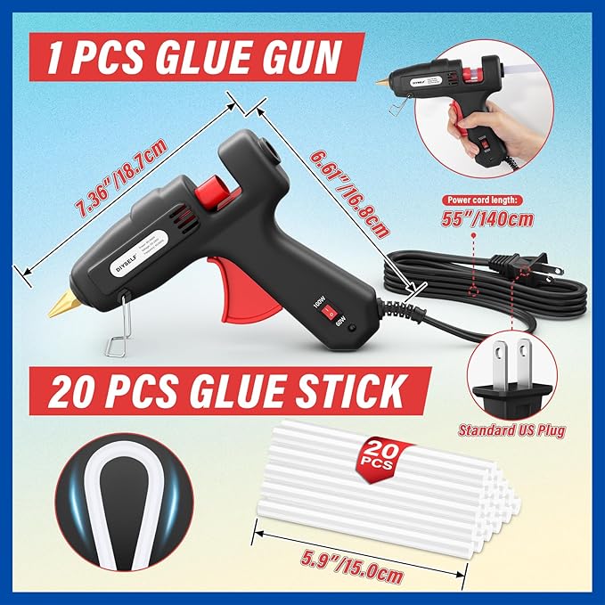 DIYSELF Hot Glue Gun, Full Size, 1 PCS Glue Gun with 20 Glue Sticks, Glue Gun and Sticks Set, Hot Glue Gun Kit for Crafts, Fabric, Woodworking, Craft Glue Guns, Heavy Duty Glue Gun, 60/100W(Black)