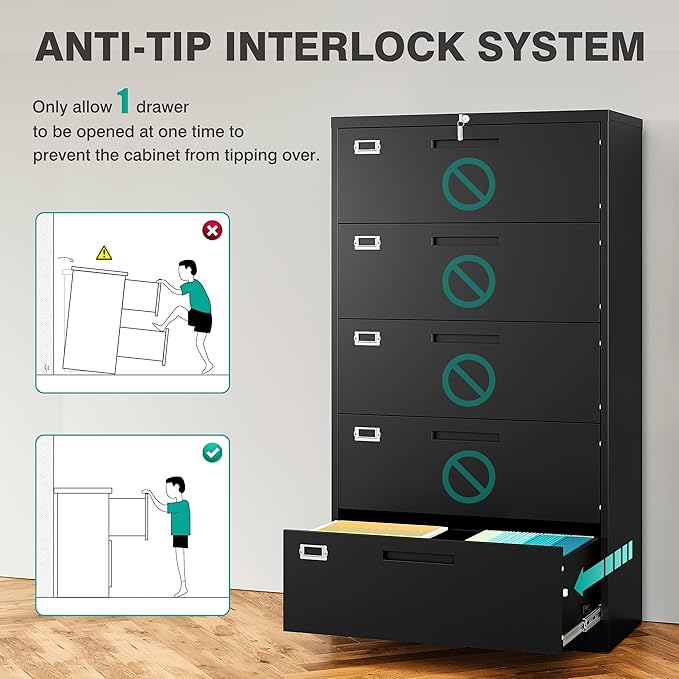 SISESOL 5 Drawer Lateral File Cabinet with Lock,Black Lateral Filing Cabinet,Horizontal Metal Filing Cabinets,Large Locked Wide Five Drawer File Cabinets for Office Home,Fit A4/F4/Letter/Legal File