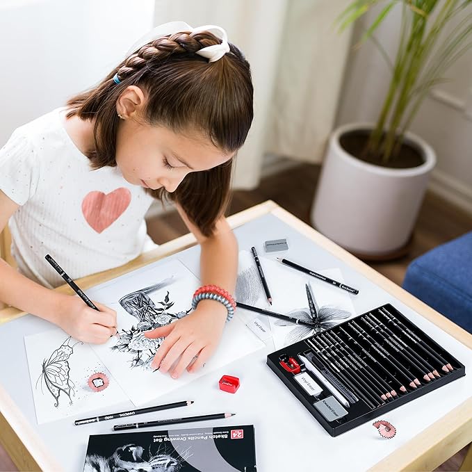 33 Piece Sketching Pencil Set - 5H to 14B Pencils, Charcoal Pencils, Charcoal Sticks,Graphite Sticks,Painting tools – drawing pencil set for Beginners, Artists, Students, Kids