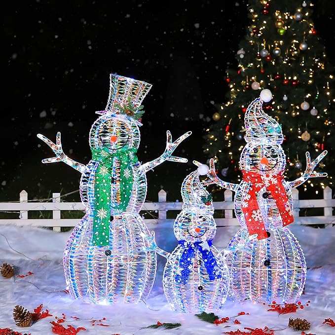 Hykolity 3.5 FT 3D Lighted Outdoor Iridescent Christmas Snowman Family, 3-Piece Lighted Snowman Set with 180 LED Lights, Ground Stakes, Zip Ties for Holiday Decoration